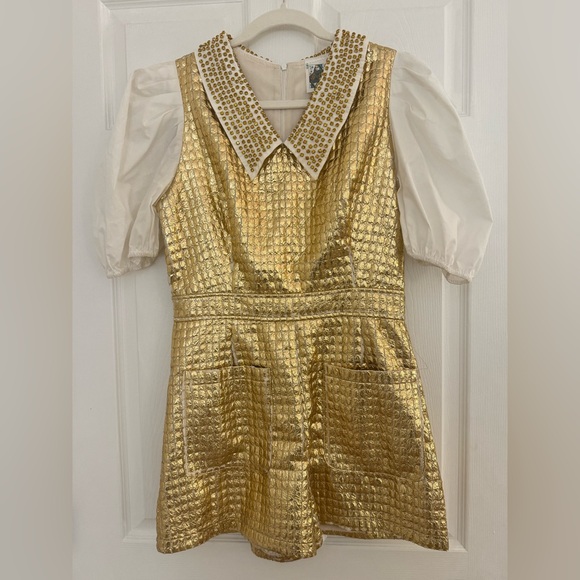 QUEEN OF SPARKLES Gold Romper with White Jeweled Collar